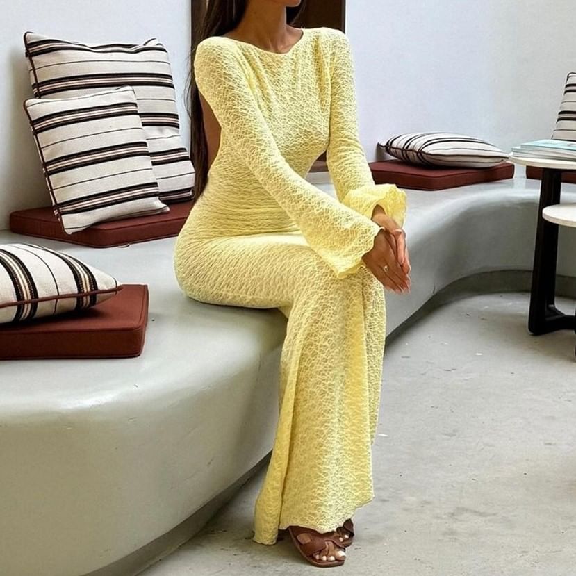 Long Sleeve Plain Open Back Sheath Maxi Dress