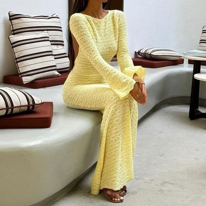 Long Sleeve Plain Open Back Sheath Maxi Dress