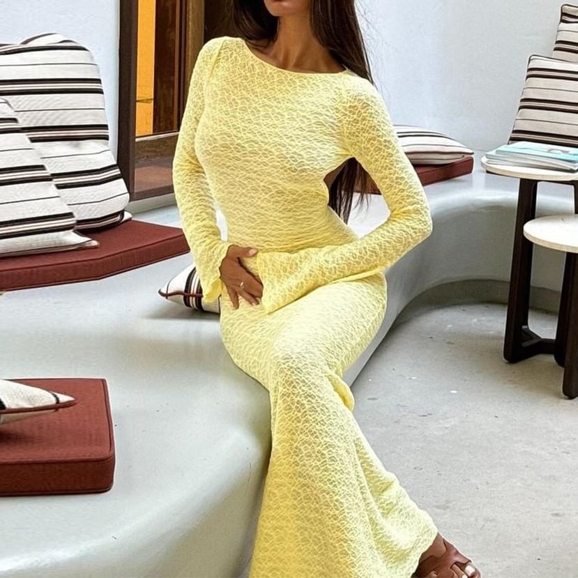 Long Sleeve Plain Open Back Sheath Maxi Dress
