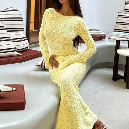 Long Sleeve Plain Open Back Sheath Maxi Dress