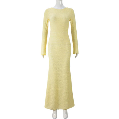 Long Sleeve Plain Open Back Sheath Maxi Dress