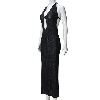Halter Glitter Cutout Open Back Sheath Maxi Dress