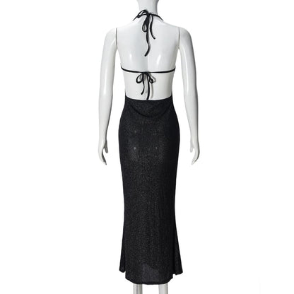Halter Glitter Cutout Open Back Sheath Maxi Dress