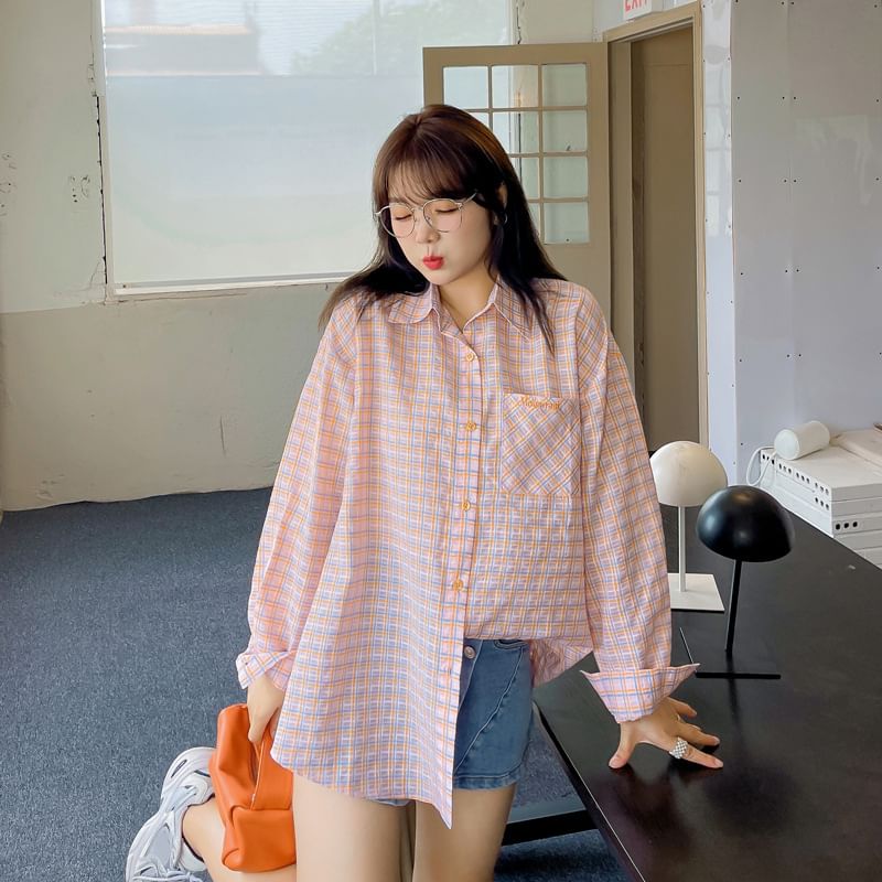 Plus Size Long-Sleeve Plaid Lettering Pocket Detail Shirt