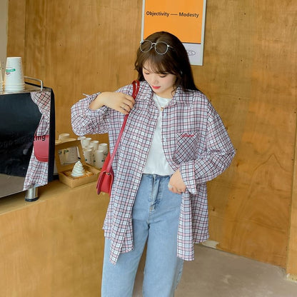 Plus Size Long-Sleeve Plaid Lettering Pocket Detail Shirt