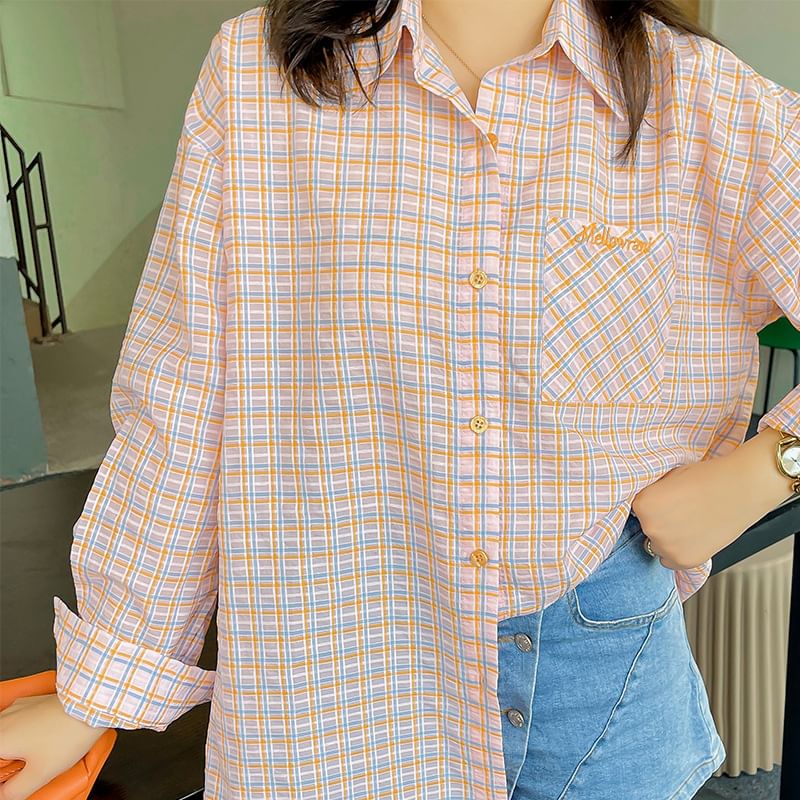 Plus Size Long-Sleeve Plaid Lettering Pocket Detail Shirt