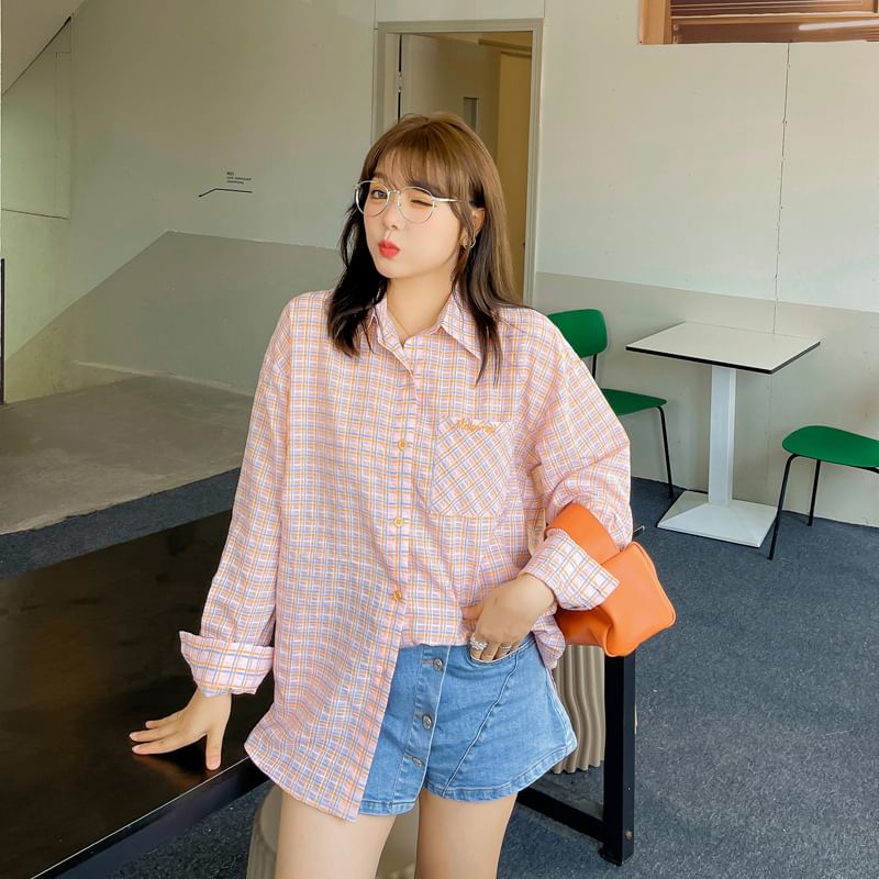 Plus Size Long-Sleeve Plaid Lettering Pocket Detail Shirt