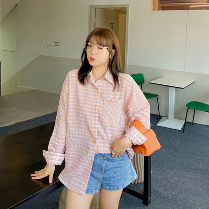 Plus Size Long-Sleeve Plaid Lettering Pocket Detail Shirt