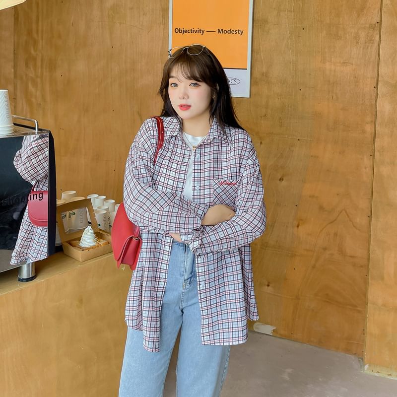 Plus Size Long-Sleeve Plaid Lettering Pocket Detail Shirt
