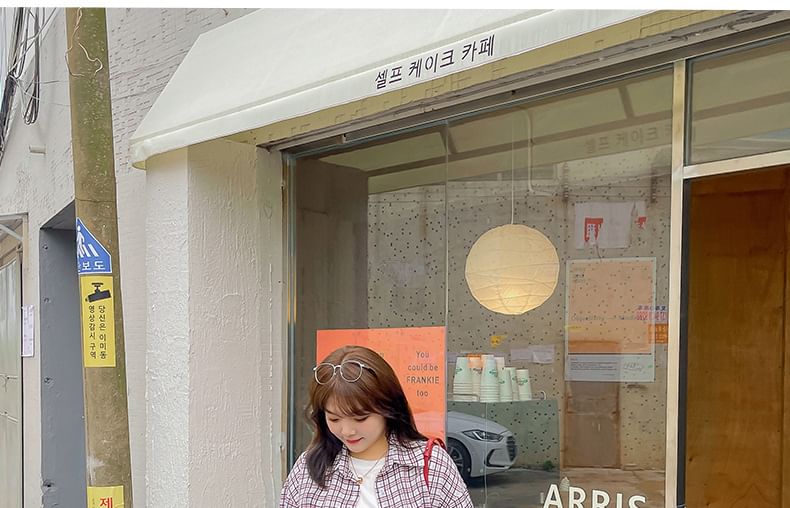 Plus Size Long-Sleeve Plaid Lettering Pocket Detail Shirt