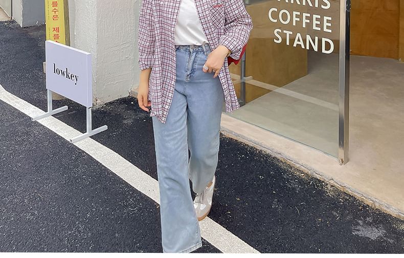 Plus Size Long-Sleeve Plaid Lettering Pocket Detail Shirt