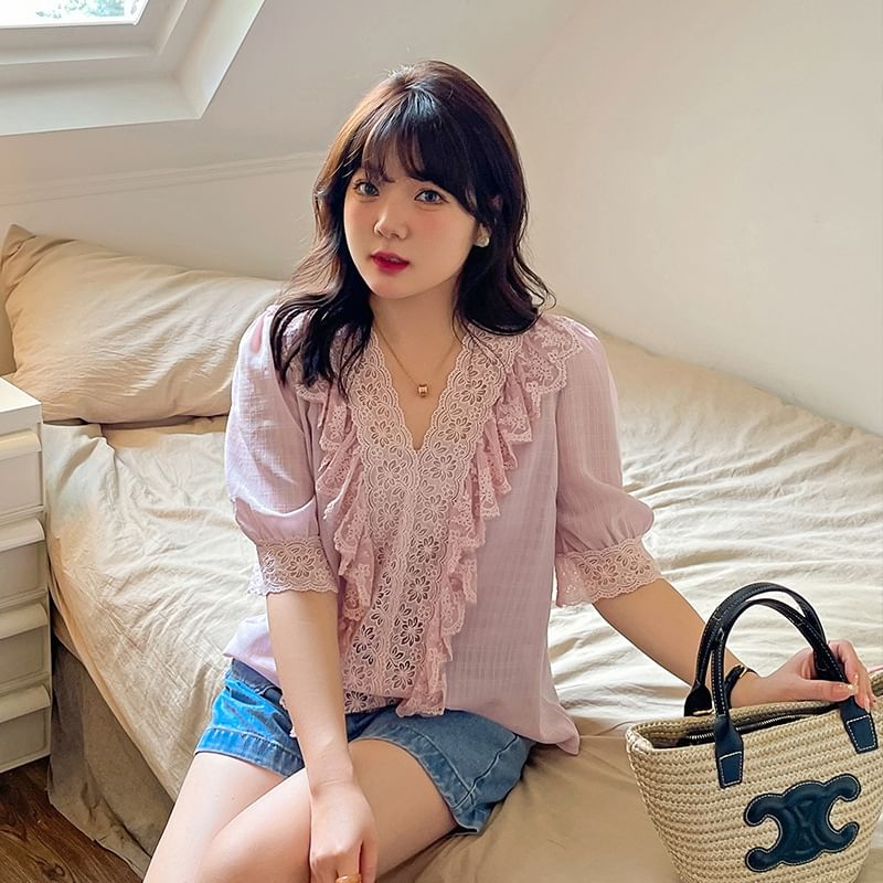 Plus Size Elbow-Sleeve V-Neck Plaid Ruffle Lace Trim Blouse