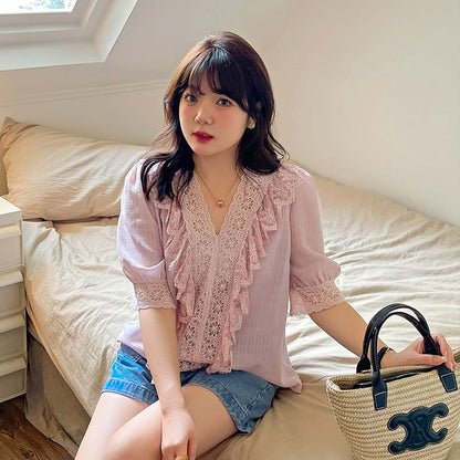 Plus Size Elbow-Sleeve V-Neck Plaid Ruffle Lace Trim Blouse