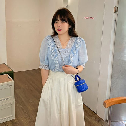 Plus Size Elbow-Sleeve V-Neck Plaid Ruffle Lace Trim Blouse