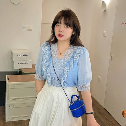 Plus Size Elbow-Sleeve V-Neck Plaid Ruffle Lace Trim Blouse