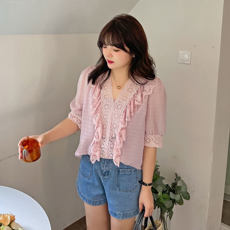 Plus Size Elbow-Sleeve V-Neck Plaid Ruffle Lace Trim Blouse