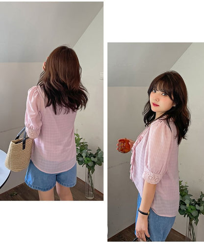 Plus Size Elbow-Sleeve V-Neck Plaid Ruffle Lace Trim Blouse