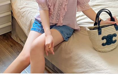 Plus Size Elbow-Sleeve V-Neck Plaid Ruffle Lace Trim Blouse