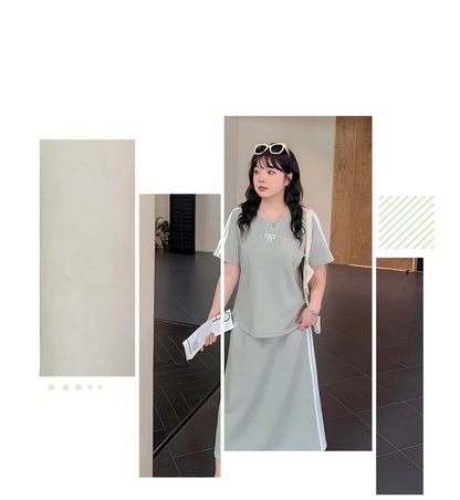 Plus Size Set: Short-Sleeve Round Neck Two Tone Bow Embroidered Tee + Drawstring Waist Midi A-Line Skirt