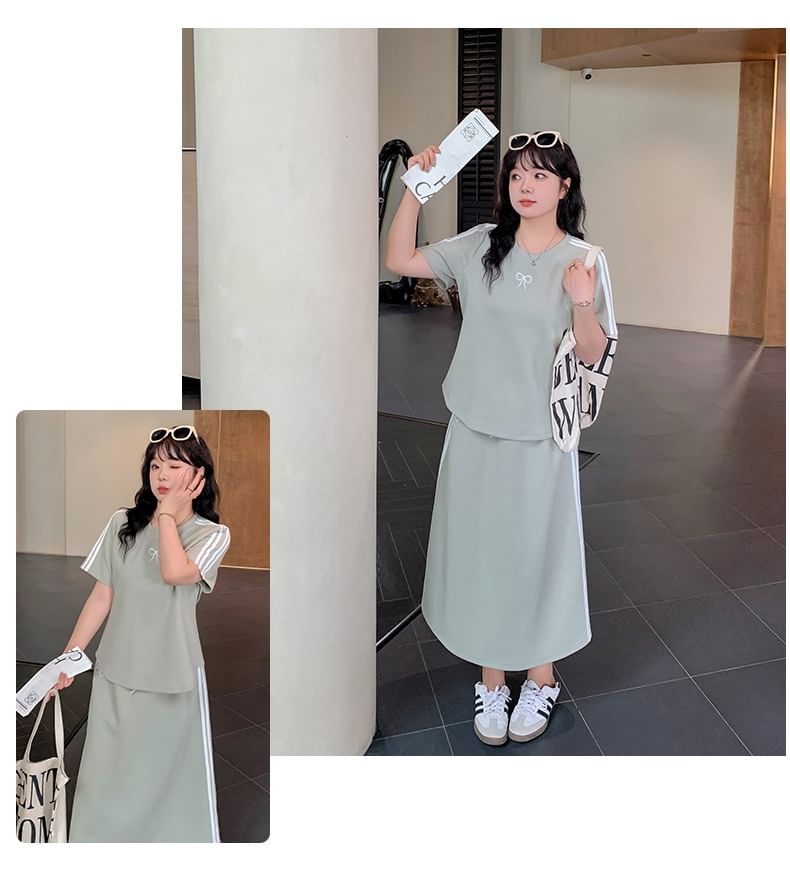 Plus Size Set: Short-Sleeve Round Neck Two Tone Bow Embroidered Tee + Drawstring Waist Midi A-Line Skirt