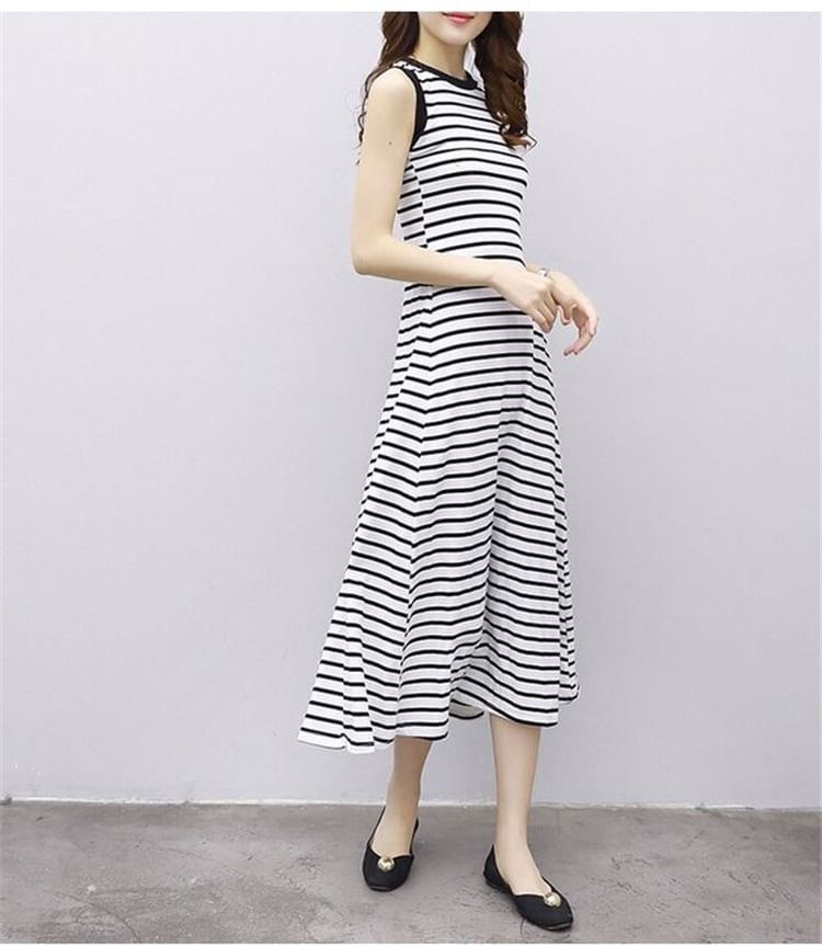 Crew Neck Striped Midi A-Line Tank Dress