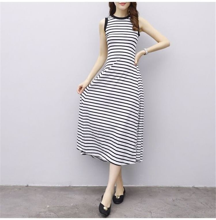 Crew Neck Striped Midi A-Line Tank Dress