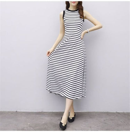 Crew Neck Striped Midi A-Line Tank Dress