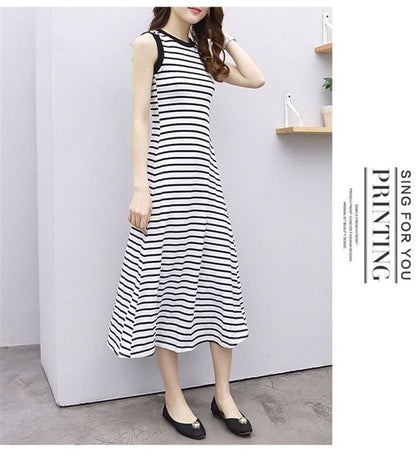 Crew Neck Striped Midi A-Line Tank Dress