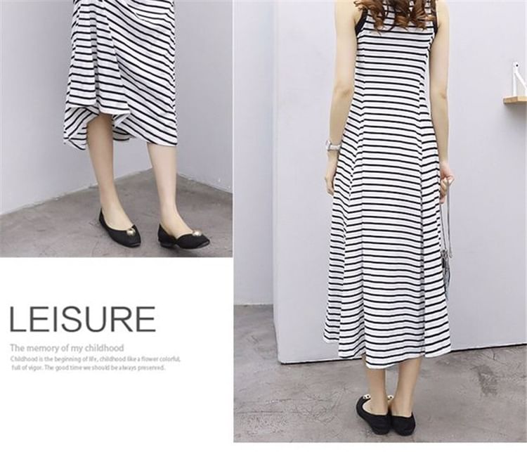 Crew Neck Striped Midi A-Line Tank Dress