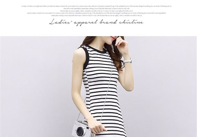 Crew Neck Striped Midi A-Line Tank Dress