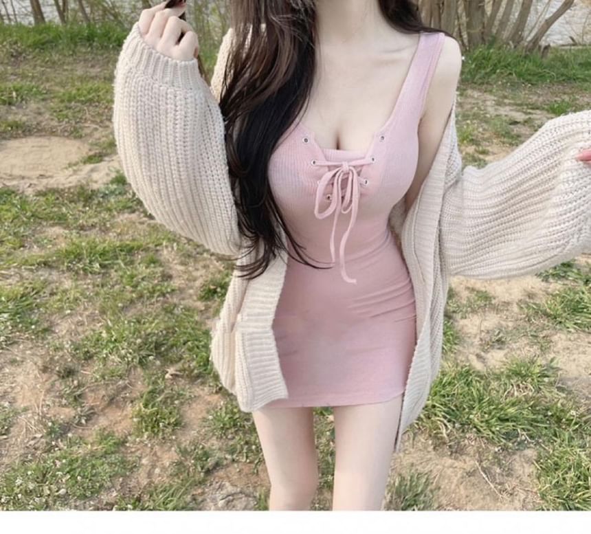 Sleeveless Plain Lace-Up Mini Bodycon Dress