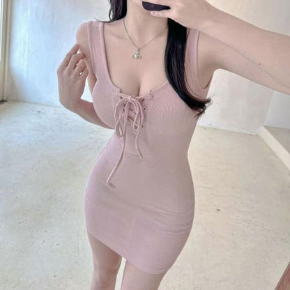 Sleeveless Plain Lace-Up Mini Bodycon Dress