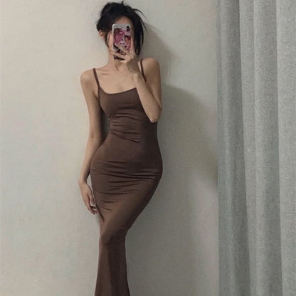 Spaghetti Strap Scoop Neck Plain Midi Bodycon Dress