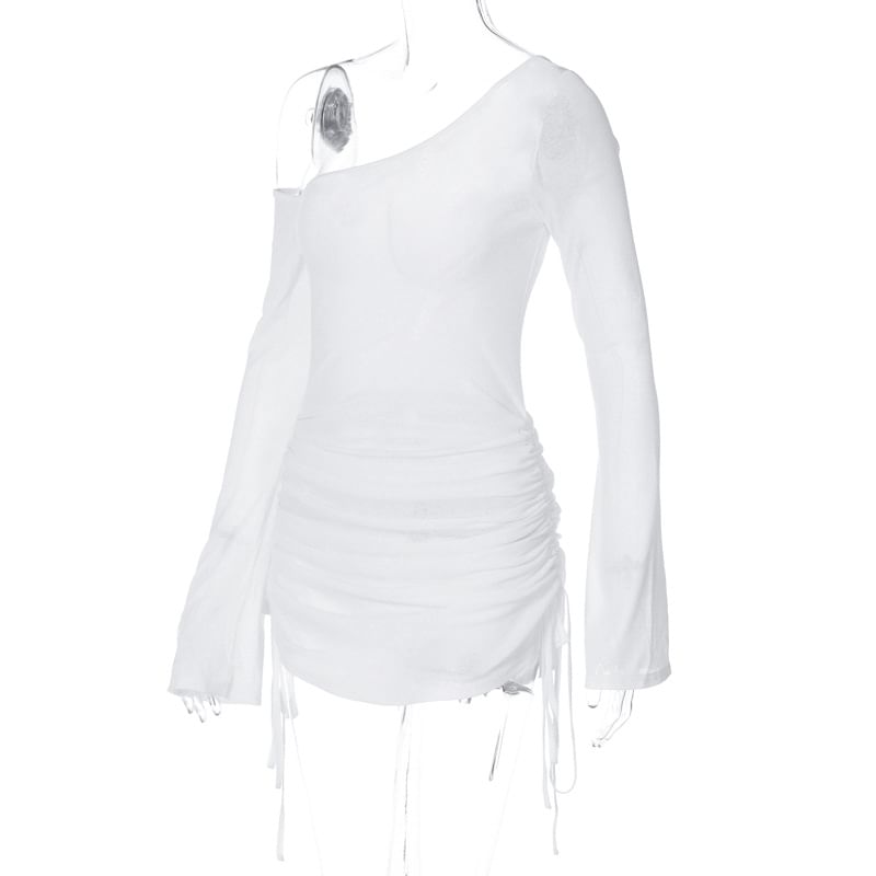 Long-Sleeve One-Shoulder Plain Drawstring Sheer Tee