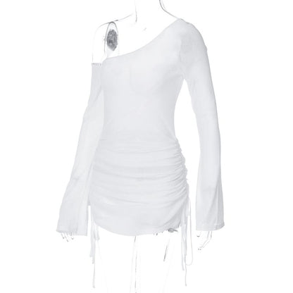 Long-Sleeve One-Shoulder Plain Drawstring Sheer Tee