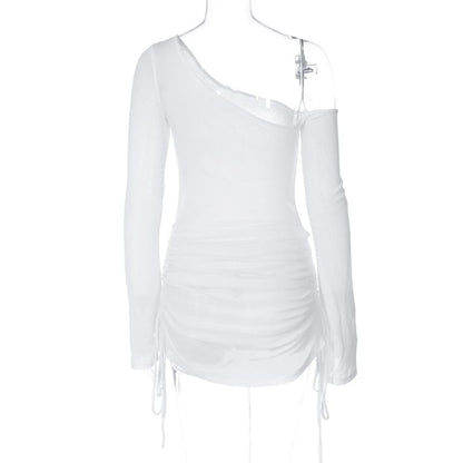 Long-Sleeve One-Shoulder Plain Drawstring Sheer Tee