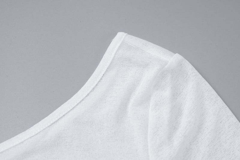 Long-Sleeve One-Shoulder Plain Drawstring Sheer Tee