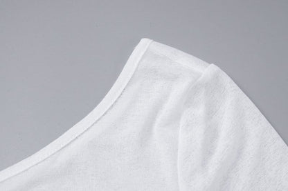 Long-Sleeve One-Shoulder Plain Drawstring Sheer Tee