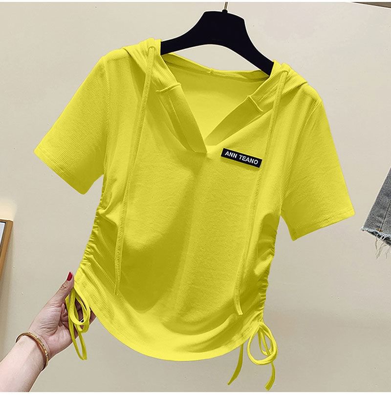 Short-Sleeve V-Neck Lettering Drawstring Tee