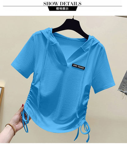 Short-Sleeve V-Neck Lettering Drawstring Tee