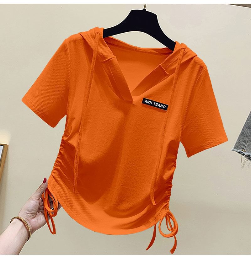 Short-Sleeve V-Neck Lettering Drawstring Tee