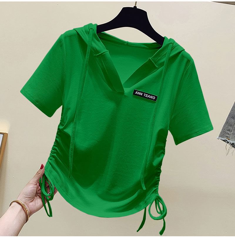 Short-Sleeve V-Neck Lettering Drawstring Tee