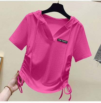 Short-Sleeve V-Neck Lettering Drawstring Tee