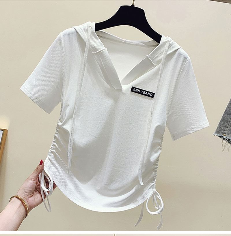 Short-Sleeve V-Neck Lettering Drawstring Tee