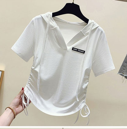 Short-Sleeve V-Neck Lettering Drawstring Tee