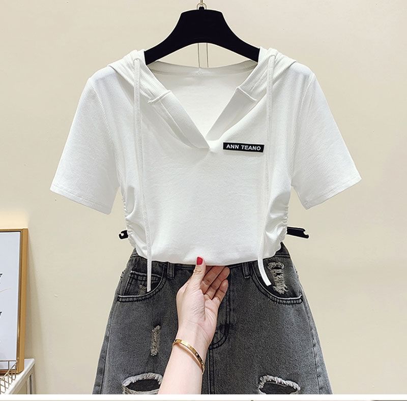 Short-Sleeve V-Neck Lettering Drawstring Tee