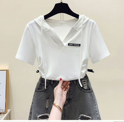 Short-Sleeve V-Neck Lettering Drawstring Tee