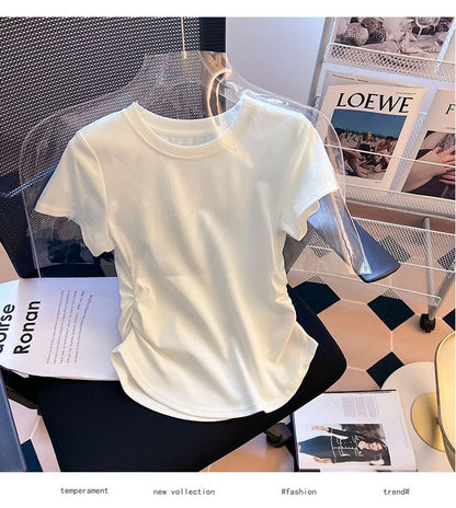 Short-Sleeve Round Neck Plain Ruched Tee