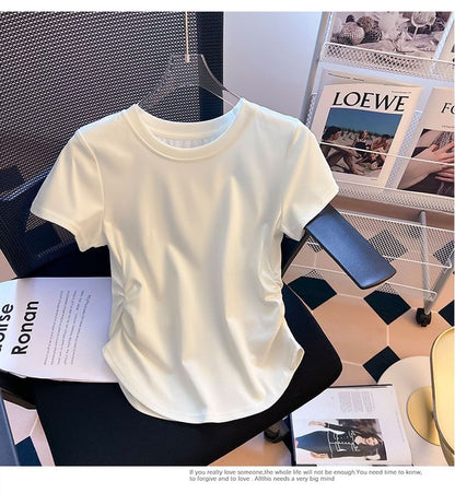 Short-Sleeve Round Neck Plain Ruched Tee