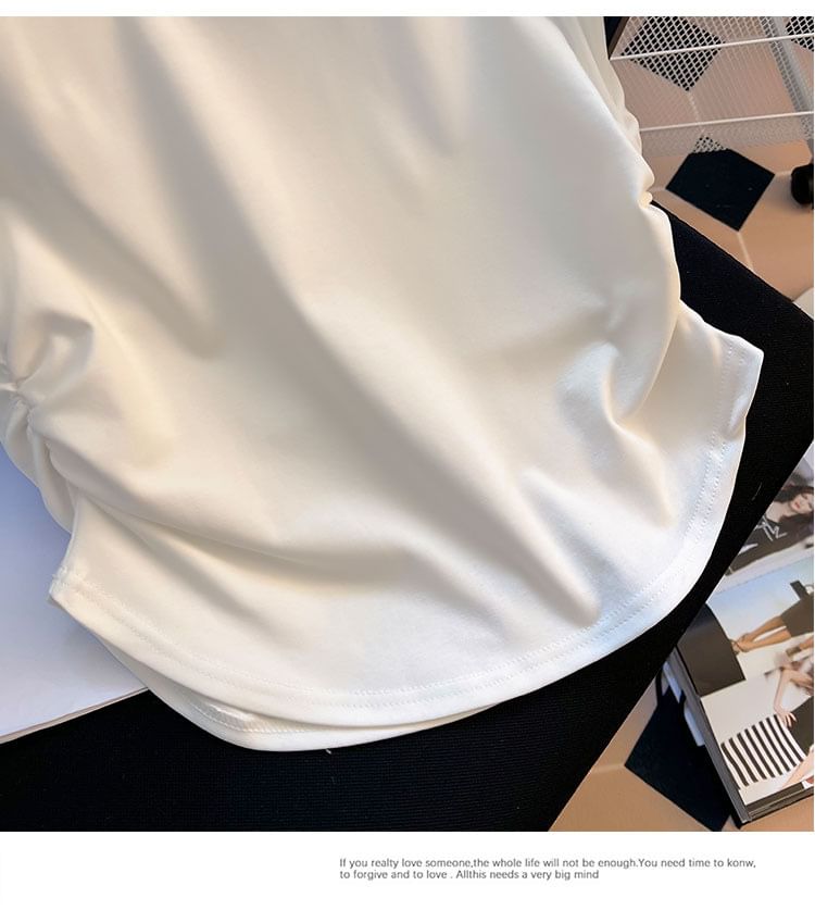 Short-Sleeve Round Neck Plain Ruched Tee